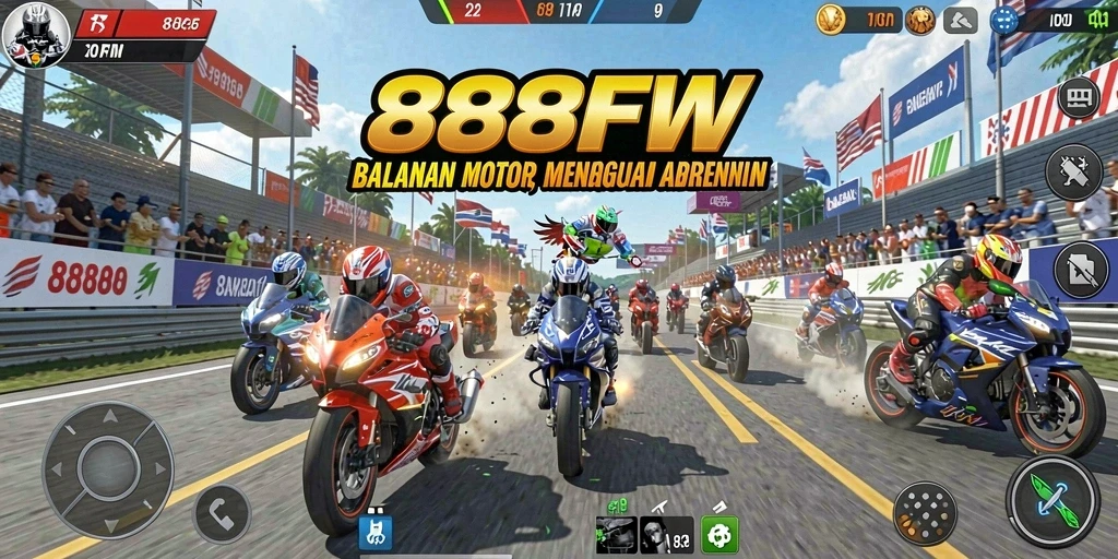 Tangkapan layar gameplay 888FW menampilkan balapan motor yang mendebarkan.