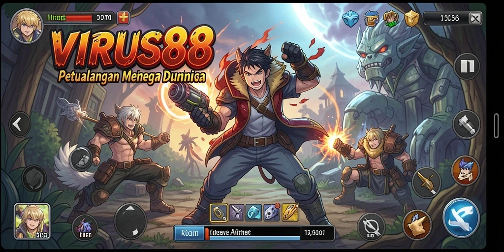 Tampilan visual gameplay yang menarik dari VIRUS88 di dunia Anime.